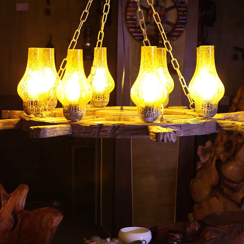 

American country Mediterranean restaurant living room lamp creative wood antique kerosene lamp lantern iron chandeliers