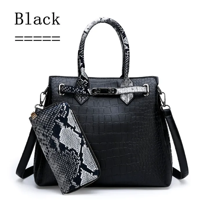 2 в 1 сумки женские сумки дизайнерские сумки через плечо для женщин сумка на плечо из крокодиловой кожи кошелек Bolsa натуральная кожа Femme - Цвет: Черный