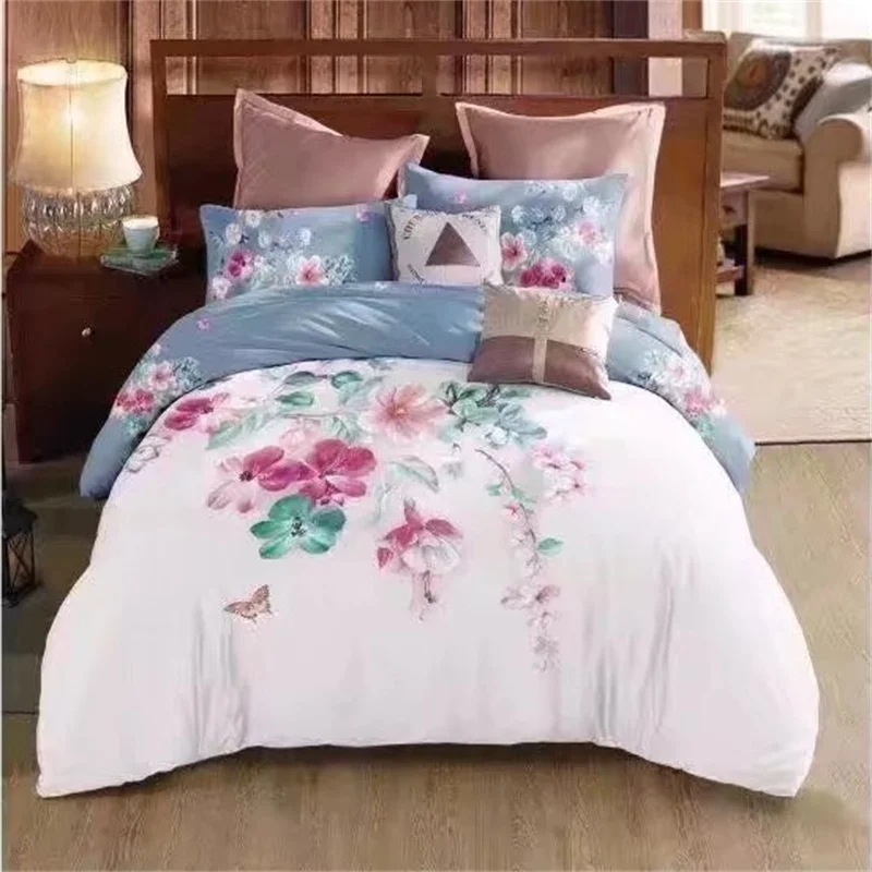 المائية اللوحة الأزهار الأبيض مع الأزرق الفراش مجموعات الملكة حجم 100% القطن ملاءات السرير غطاء لحاف نوم مجموعات