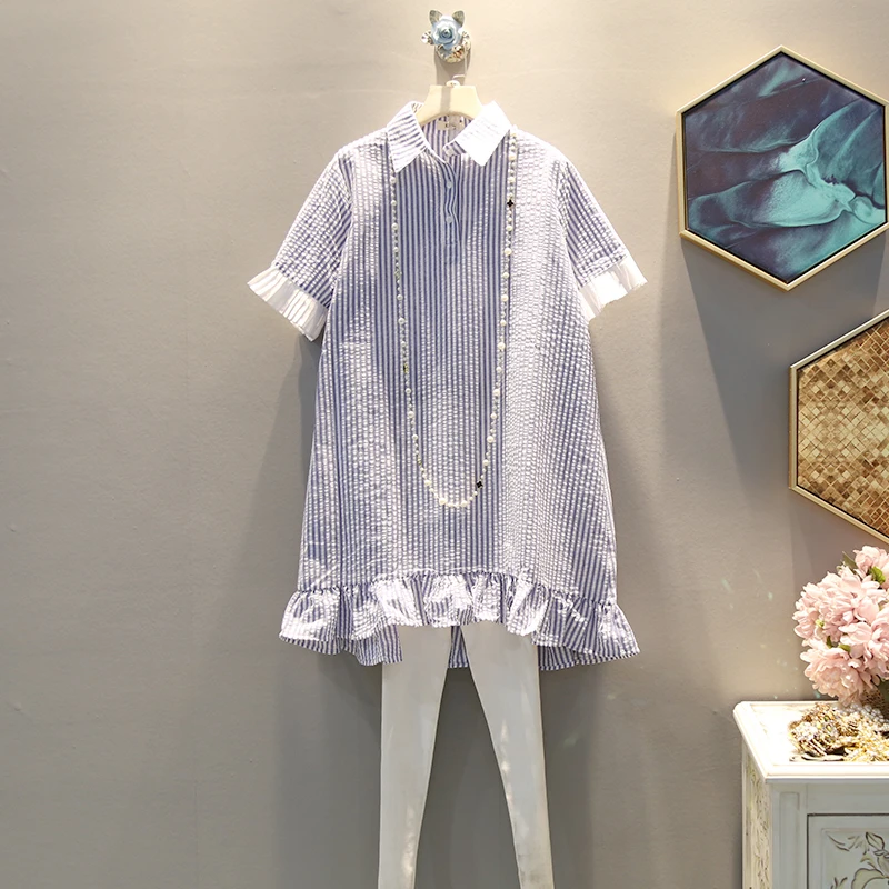 

[EWQ] 2019 Spring Summer Laple Short Sleeve Striped Patchwork Singel Breasted Vintage Loose Dress Women Fashion Tide AG71305