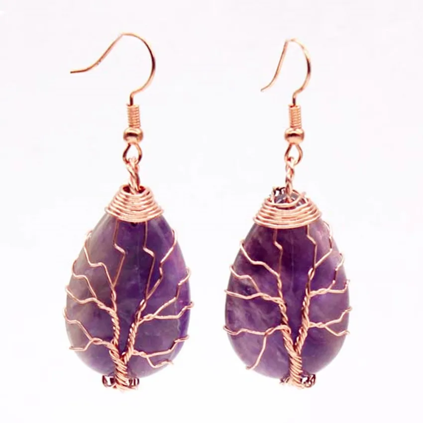

Kraft-beads Ethnic Rose Gold Color Wire Wrap Water Drop Natural Amethysts Stone Hanging Hook Earrings