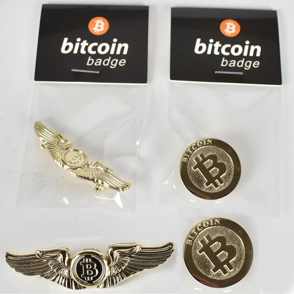 

Fashion Gift Bitcoin Coin Badge Gold Plated Metal Medallion For Clothing Round Wing shape
