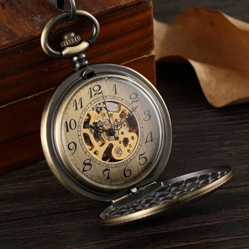 Винтажный стимпанк Механический щит гравировальный брелок цепь полый Скелет Бронзовый ручной Ветер Механические карманные часы для мужчин Cloc