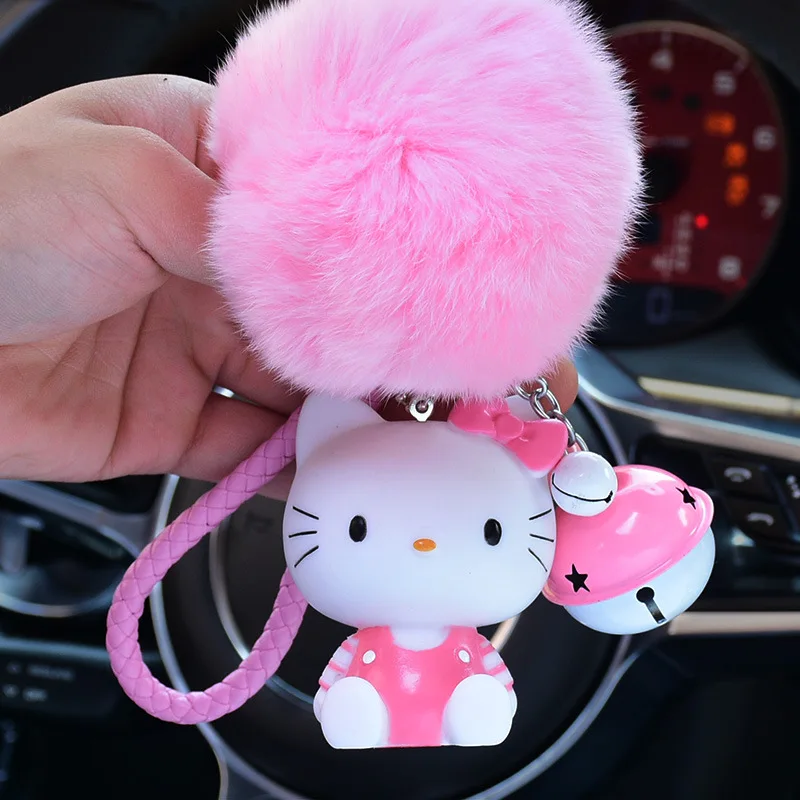 Милый брелок Hello Kitty, женская кожаная цепочка для ключей, сумка, очаровательный меховой шар, помпон, брелок для ключей, автомобильный брелок, подвеска