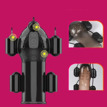 Electric Shock Glans Vibrators Ring For Male Masturbator Penis Delay Lasting Trainer Massager With 5 Caps Adult Sex Toy For Men 3
