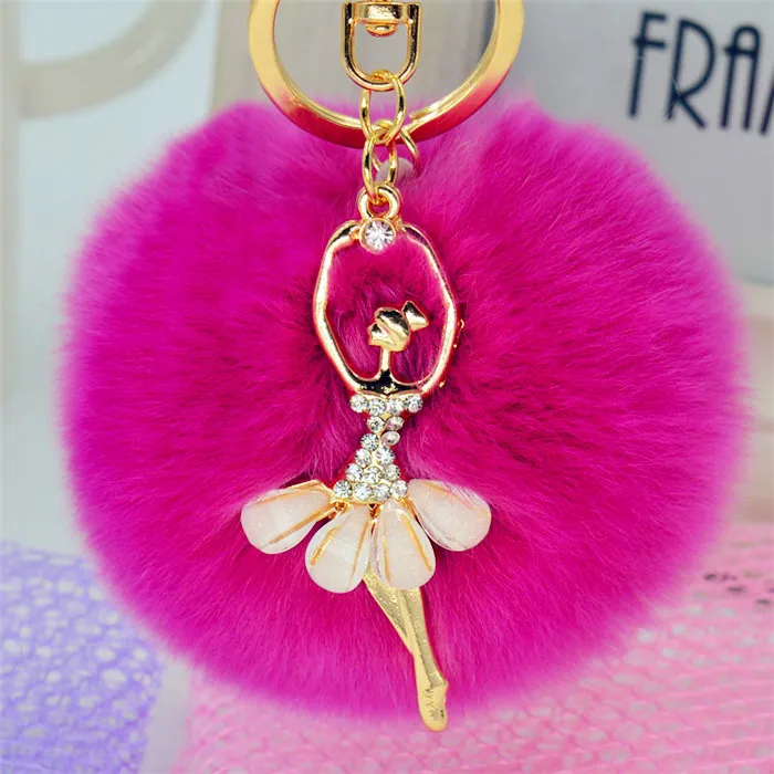 Fashion Crystal Ballet Dancing Fairy Faux Rex Rabbit Fur Ball Pom Pom Gold Key Chains Woman Bag Charms Keyring Car Ring Trinket (19)_
