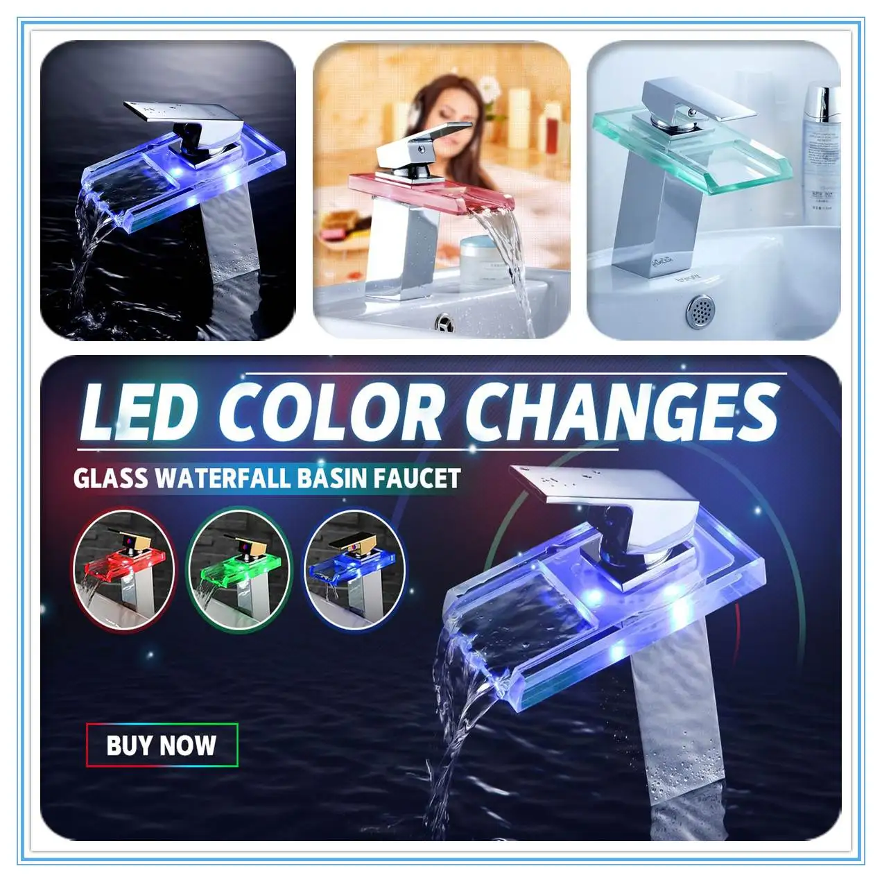  LED Color Changes Glass Waterfall Basin Faucet Bathroom Bath Tub Single Handle Sink Mixer Tap Kitch - 33046220603