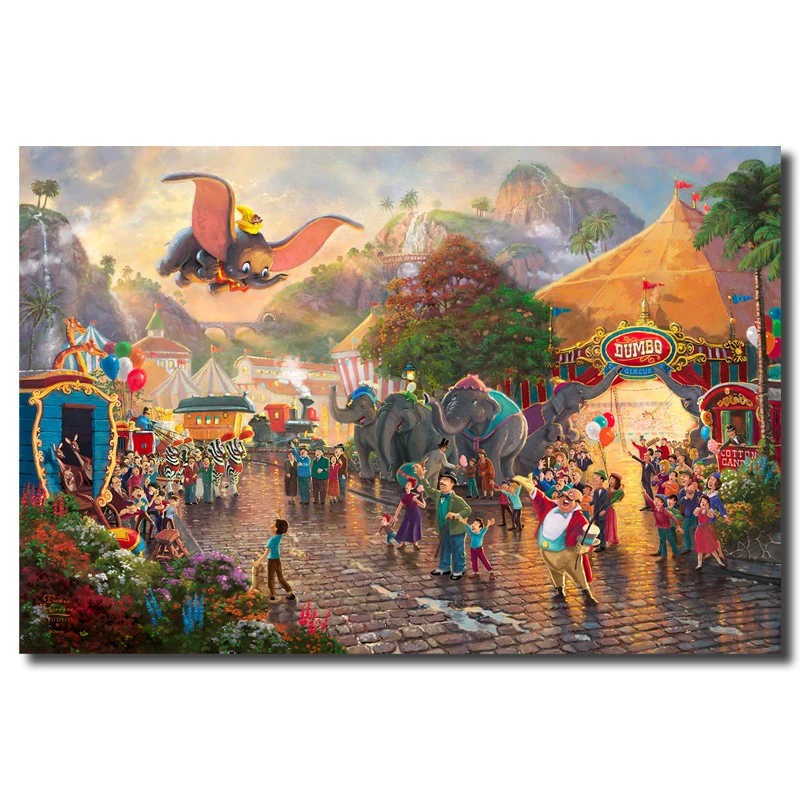 

Dumbo Painting Thomas Kinkade Oil Canvas Prints Elephant Wall Art Decorative Picture for Kids Bedroom Modern Home Decor Artwork