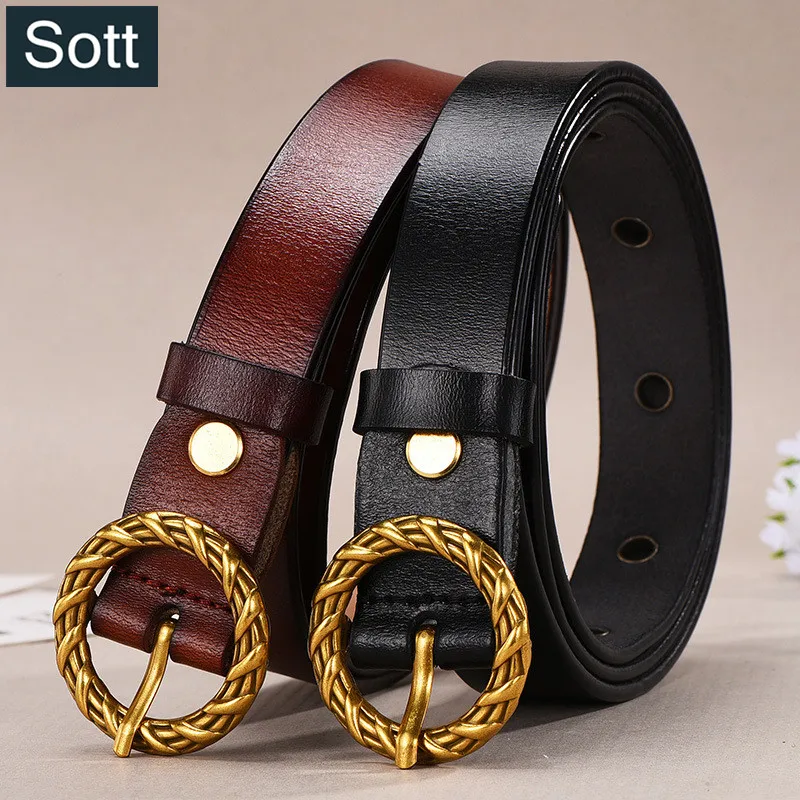 [SOTT] Soft Genuine Leather Belts For Women Gold Circle Pin Buckle Ladies Leather Belt For Jeans ...