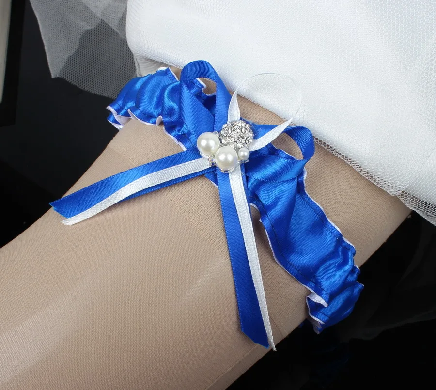 Vintage Blue Ribbon Stretch Wedding Garter Belt With Pearl Wedding