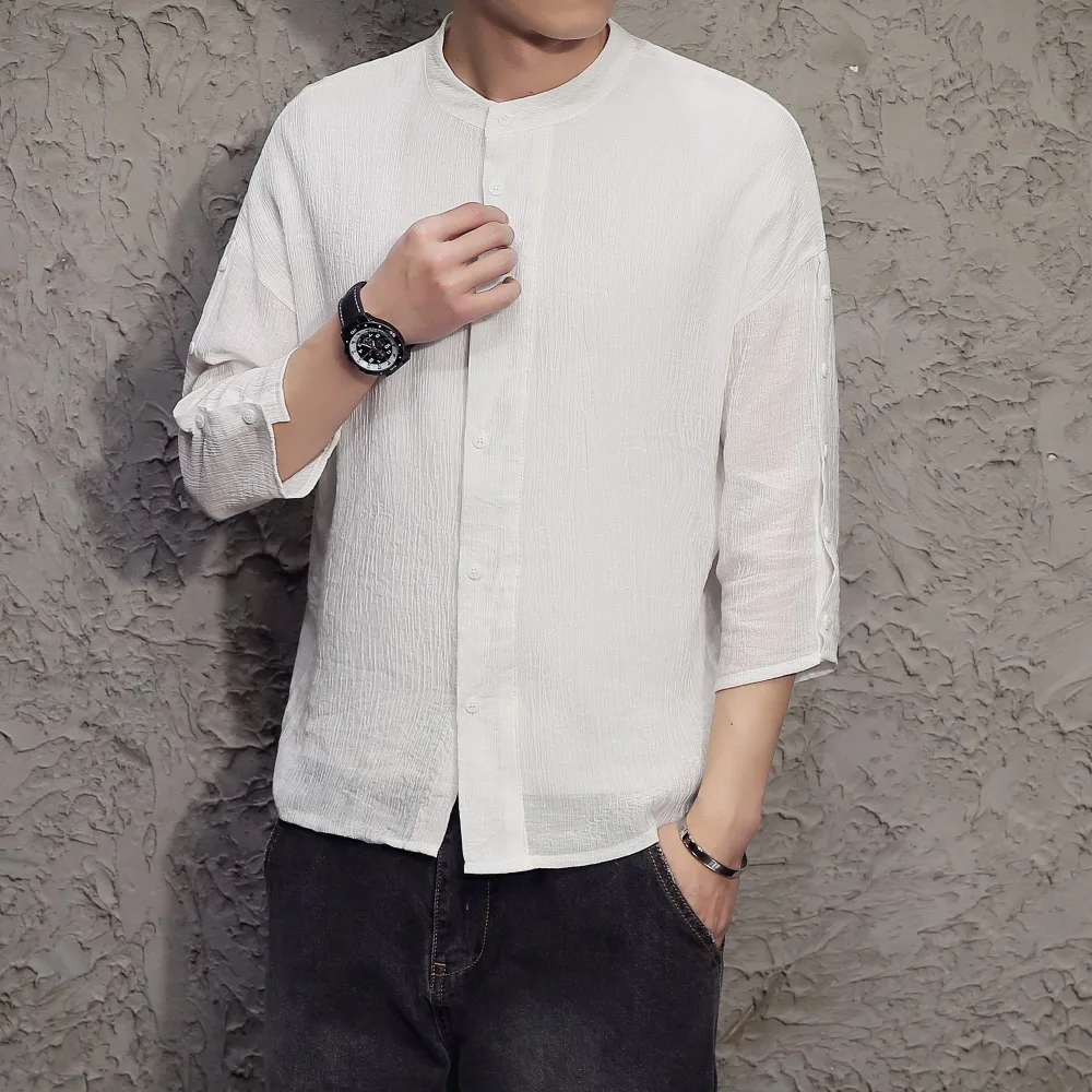 Cotton Linen Shirt Men Casual Breathable Thin Section White Soft Three Quarter Shirts Man Plus 