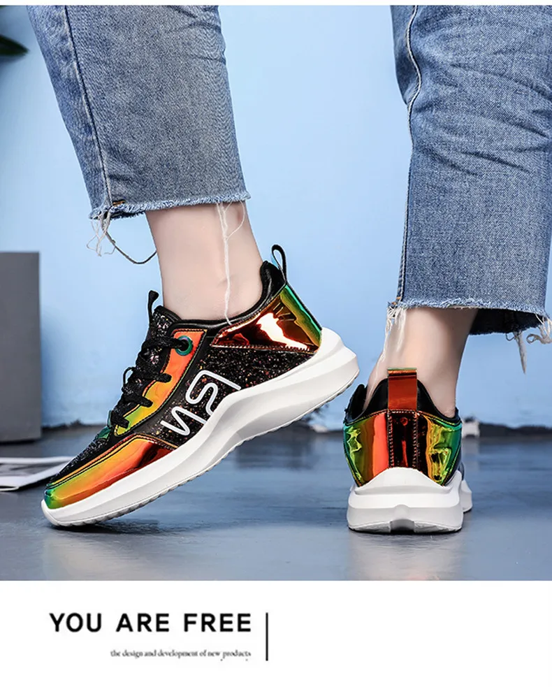 2019 Spring Sneakers Women Shiny Bling Lace-up Flats Shoes Women Basket Femme Trainers Shoes Chunky Sneakers creepers (15)