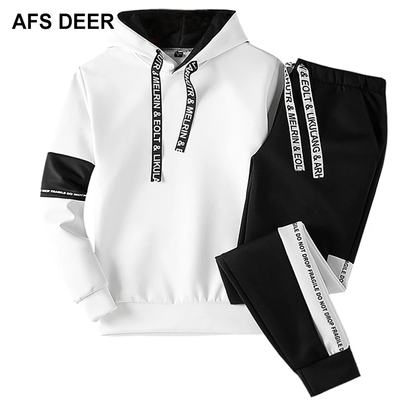 Men Set Elastic Waist Sportwear Ribbon Letter Print Sweatshirt White Hoodie+Pant Two Piece Set Casual Tracksuit Men Clothes 2018