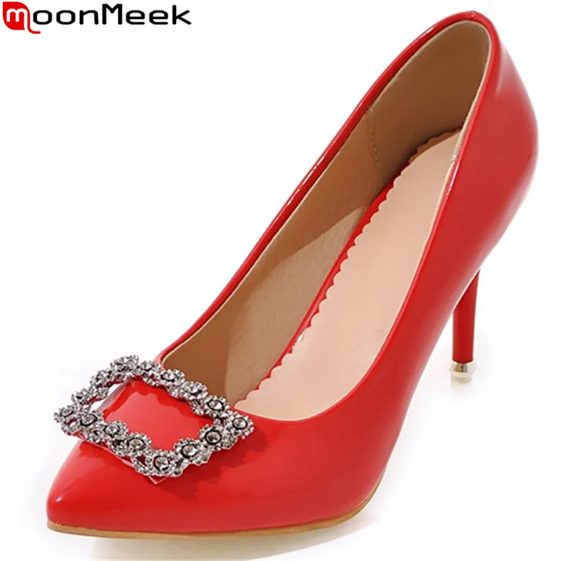 

MoonMeek 2018 new arrive women pumps rhinestone pointed toe shallow spring autumn high heels shoes elegant lady wedding shoes