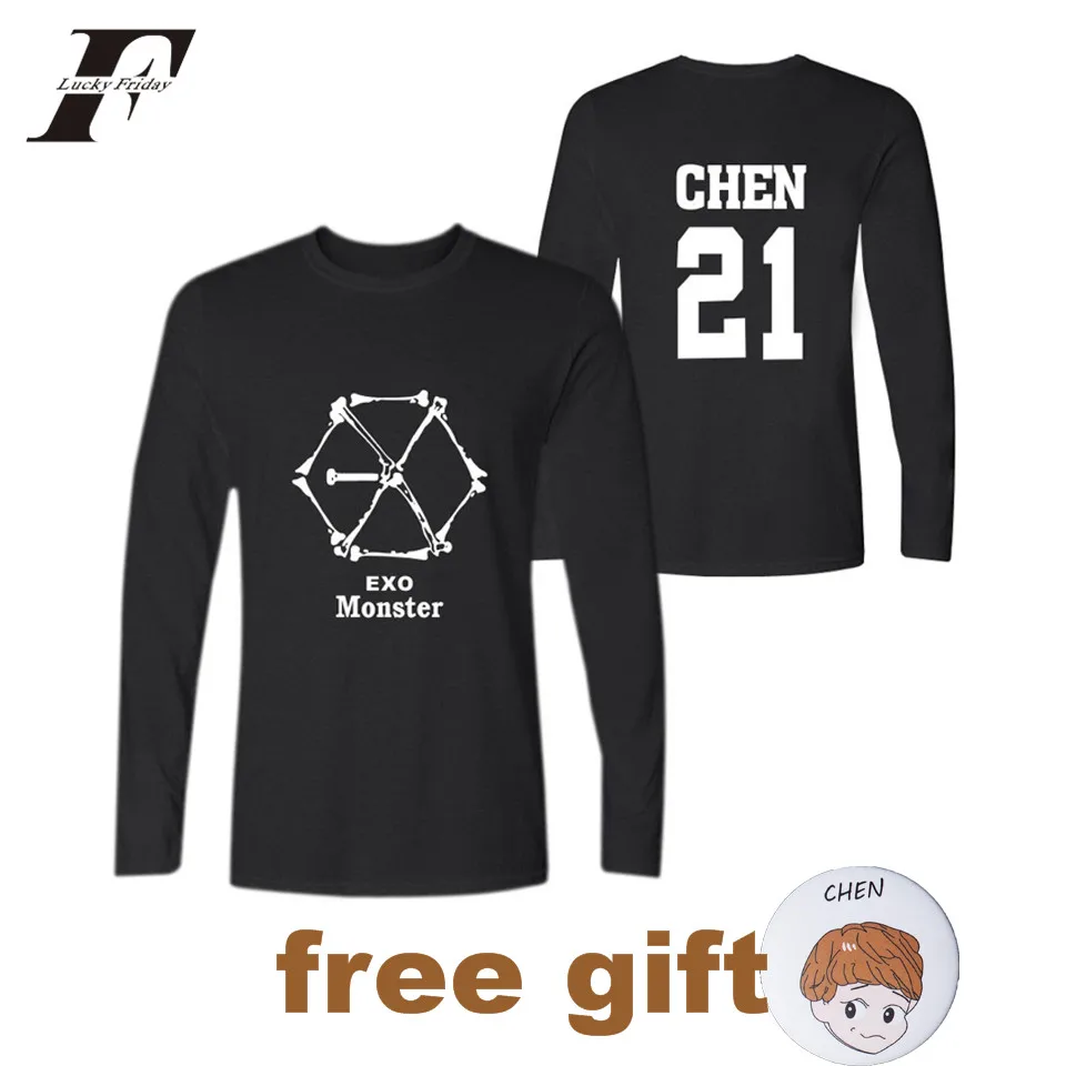 LUCKYFRIDAYF EXO KPOP футболка с изображением монстра длинными рукавами из хлопка для
