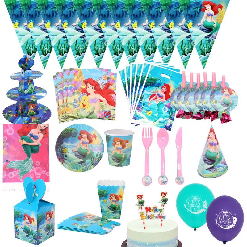 

Cartoon Disposable Tableware Set Little Mermaid 1st Birthday Party Decorations Kids Girls Napkins Straws Plates Party Supplies
