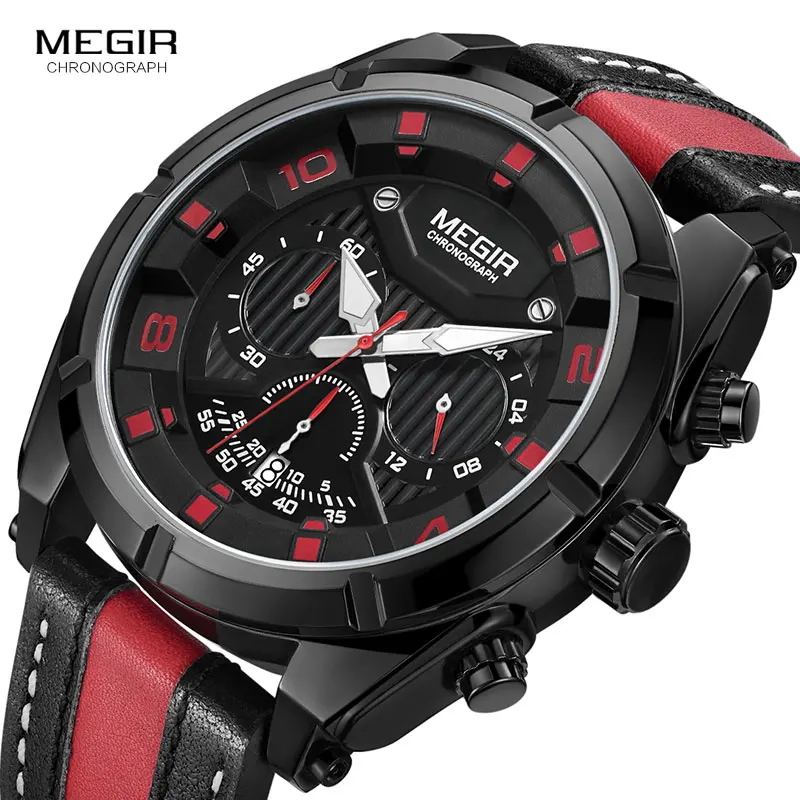 

Chronograph Sports Wrist Watches MenArmy Quartz Stopwatch Clock Fashion Leather Black Red Hour Relogios Masculino 2076G-BK-1