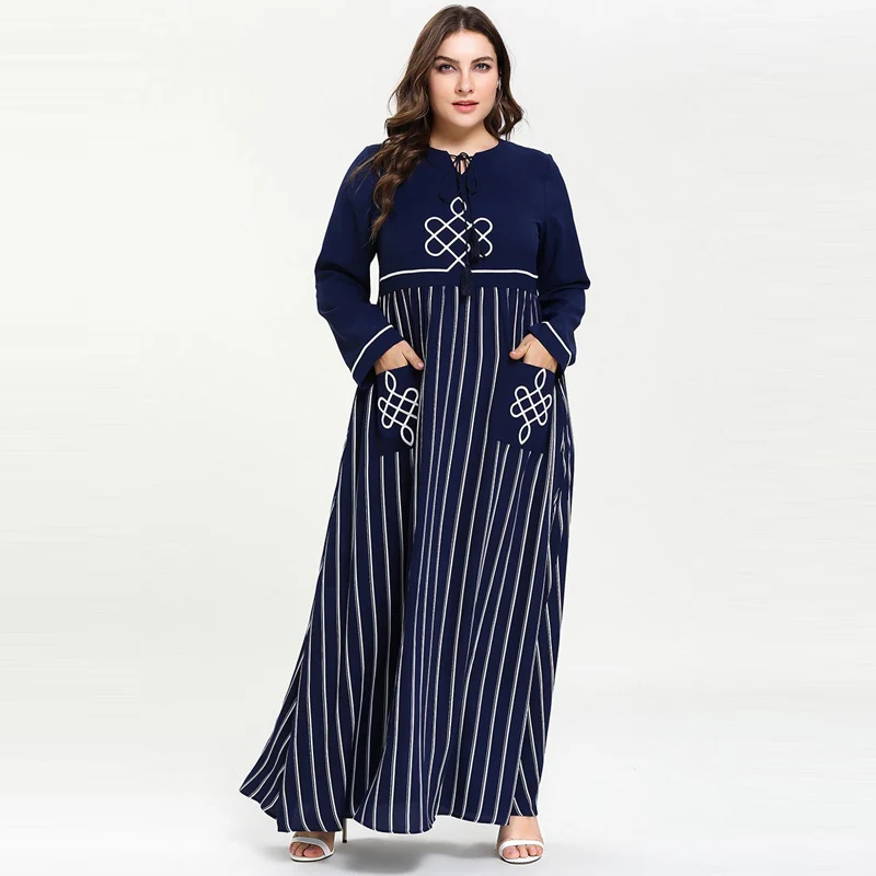

2019 Women Plus Size Muslim Dress Patchwork kaftan moroccan Abaya Islamic arabic turkey Dresses with Pockets Dark blue M-4XL
