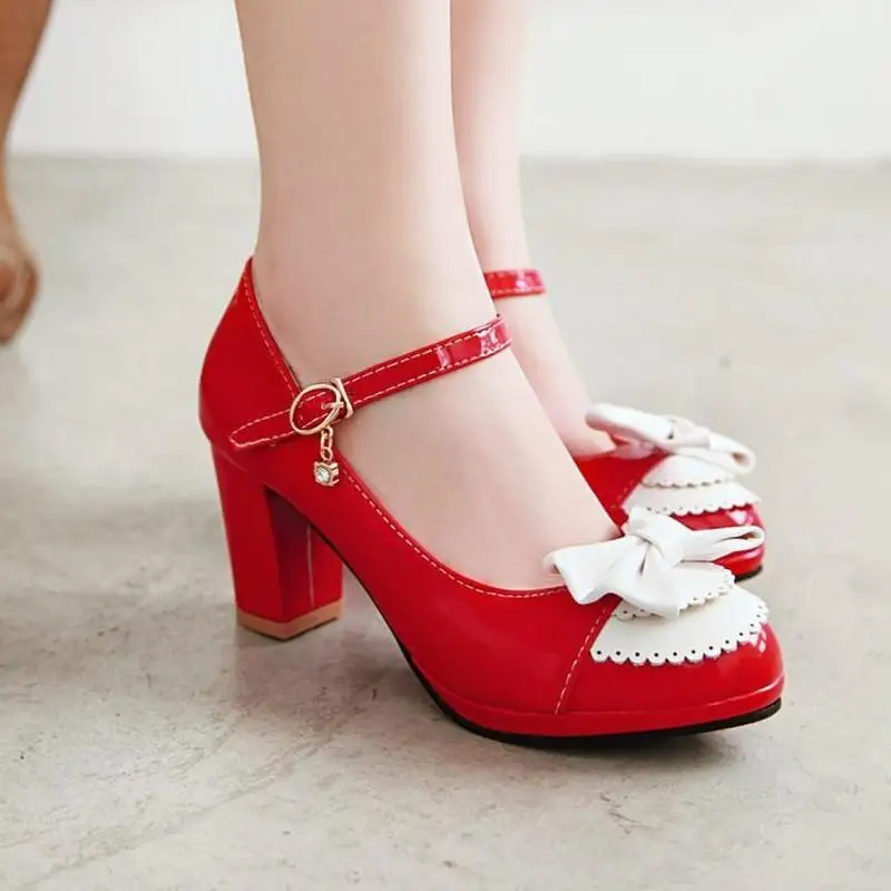 

US4-13 Womens Round Toe Bowknot Platform Block High Heel PU Leather Ankle Buckle Lolita Mary Janes Pumps Shoes Plus Size A1097
