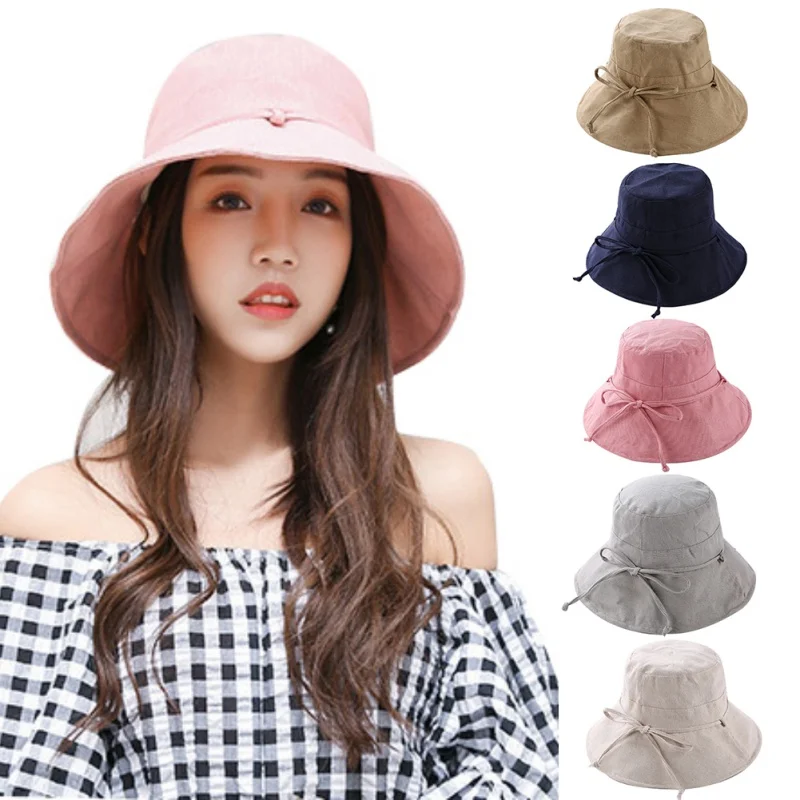 High Quality 5 Colors Bucket Hats Women Big Brim Bucket Cap Girls Sun protection cap Fishing cap