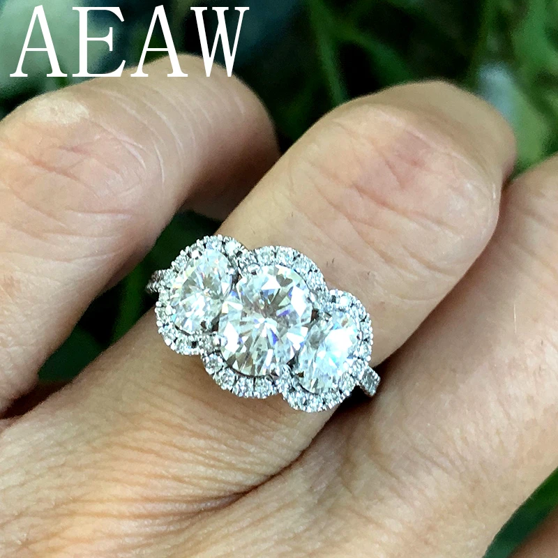Oval Cut Engagement&Wedding Halo Moissanite Diamond Ring 3 Stones Total  2.5ctw Genuine 14K 585 White Gold for Women