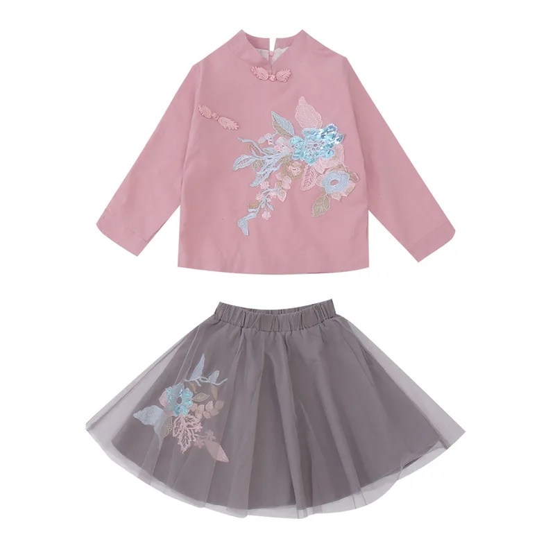 

Girls' pink children's wear spring and autumn new Chinese style little girl's antique dress embroidered skirt two sets of girls