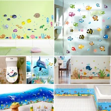 Мультяшные рыбки Sealife настенные наклейки для детской комнаты, ванной комнаты, украшения для дома, водонепроницаемые животные, плинтус, фреска, художественные наклейки для унитаза