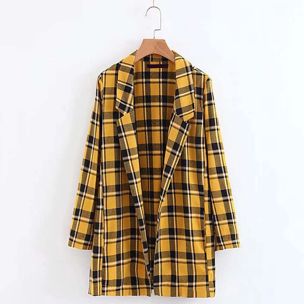 ANSFX Boyfriend Yellow Check Plaid Print Contrast Color Blazer Notched ...