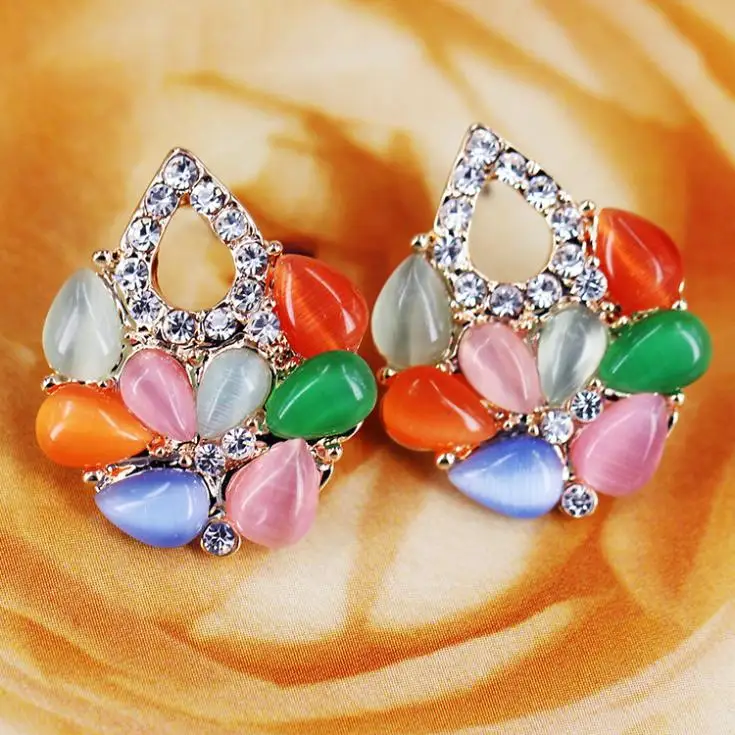High Quality New Arrival Women's Multicolor Green Opal Gem Rhinestone Earrings E2109 | Украшения и аксессуары