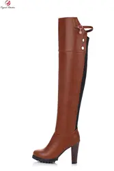 Первоначальное намерение Дизайн Женские ботфорты круглый носок шпилька Каблучки зимние сапоги элегантные коричневый красный Обувь