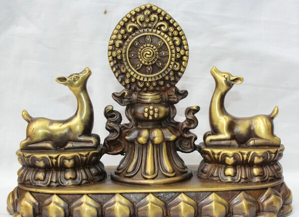 

JP S61 9" Tibet Buddhism Religion Copper 2 Sheep With 8 auspicious Symbol Set Statue
