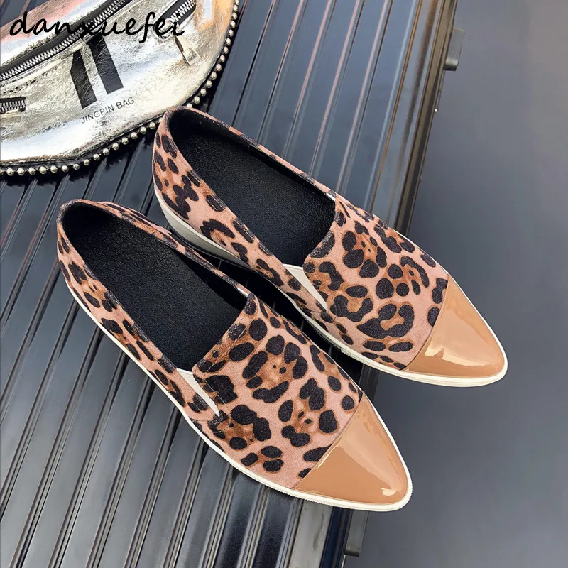 

Women's genuine suede leather leopard platform flats loafers pointed toe patchwork slip-on leisure espadrilles comfort shoes hot