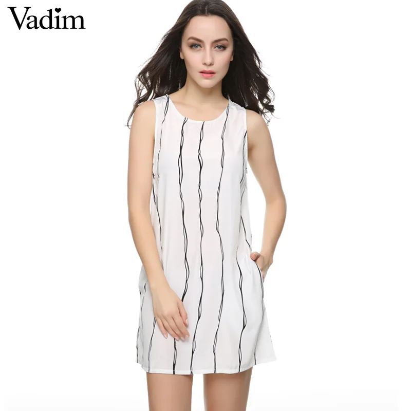 

Vadim Women white striped Summer shift Dress chic basic Sleeveless mini cute Vestido casual shift dress QZ1966