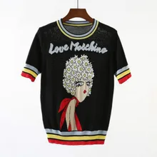 Новинка, женские топы, жаккардовый пуловер с короткими рукавами и надписью для милых девушек,, летний женский вязаный полосатый свитер с круглым вырезом, джемпер