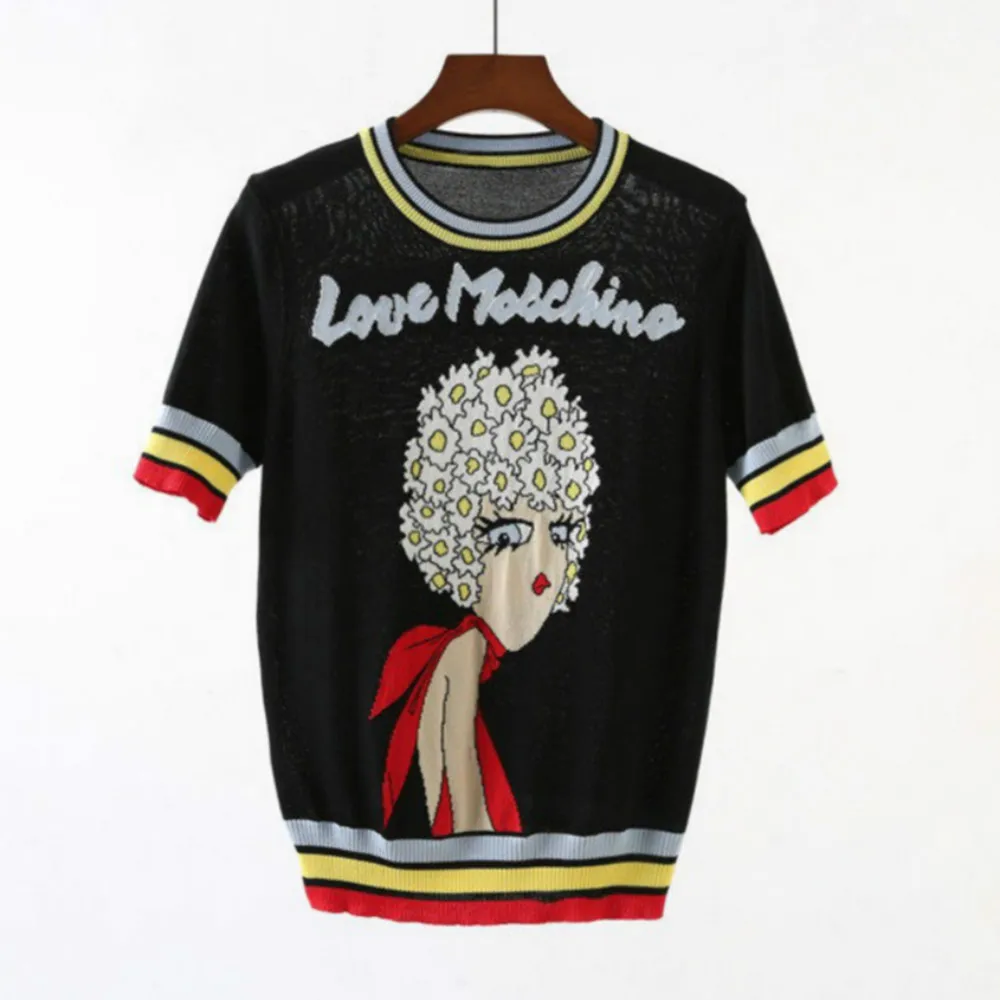 New Women’s Tops Jacquard Lovely Girl Letters Short Sleeve Pullover 2018 Summer Female Knitted Striped O-neck Sweater Jumper Hot