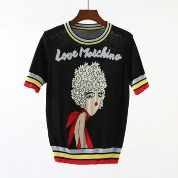 

New Women's Tops Jacquard Lovely Girl Letters Short Sleeve Pullover 2019 Summer Female Knitted Striped O-neck Sweater Jumper Hot