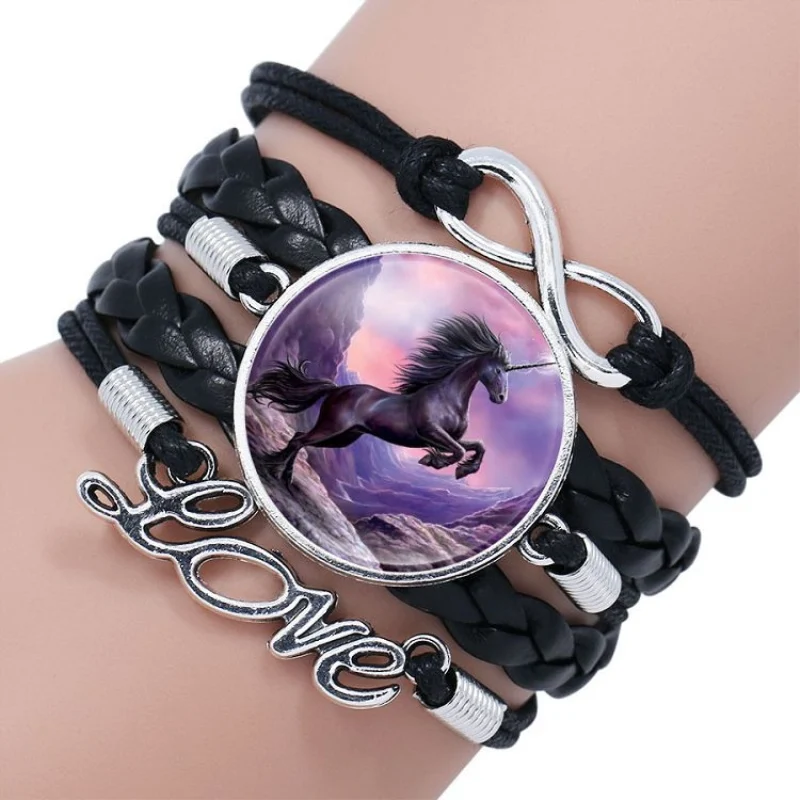 Винтажный браслет с изображением фиолетовой лошади амулет в виде единорога бесконечный объемный женский браслет плетеный кожаный браслет для девушек - Окраска металла: 11
