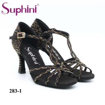 

Latin Salsa Shoes Suphini Black Satin Mix yellow black Rhinestones Woman Latin Salsa Dance Shoes
