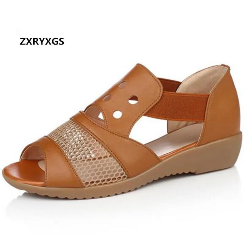 

2019 New Full Genuine Leather Shoes Summer Female Sandals with Hollow Lace Comfortable Women Shoes Casual Sandals Flat Plus Size