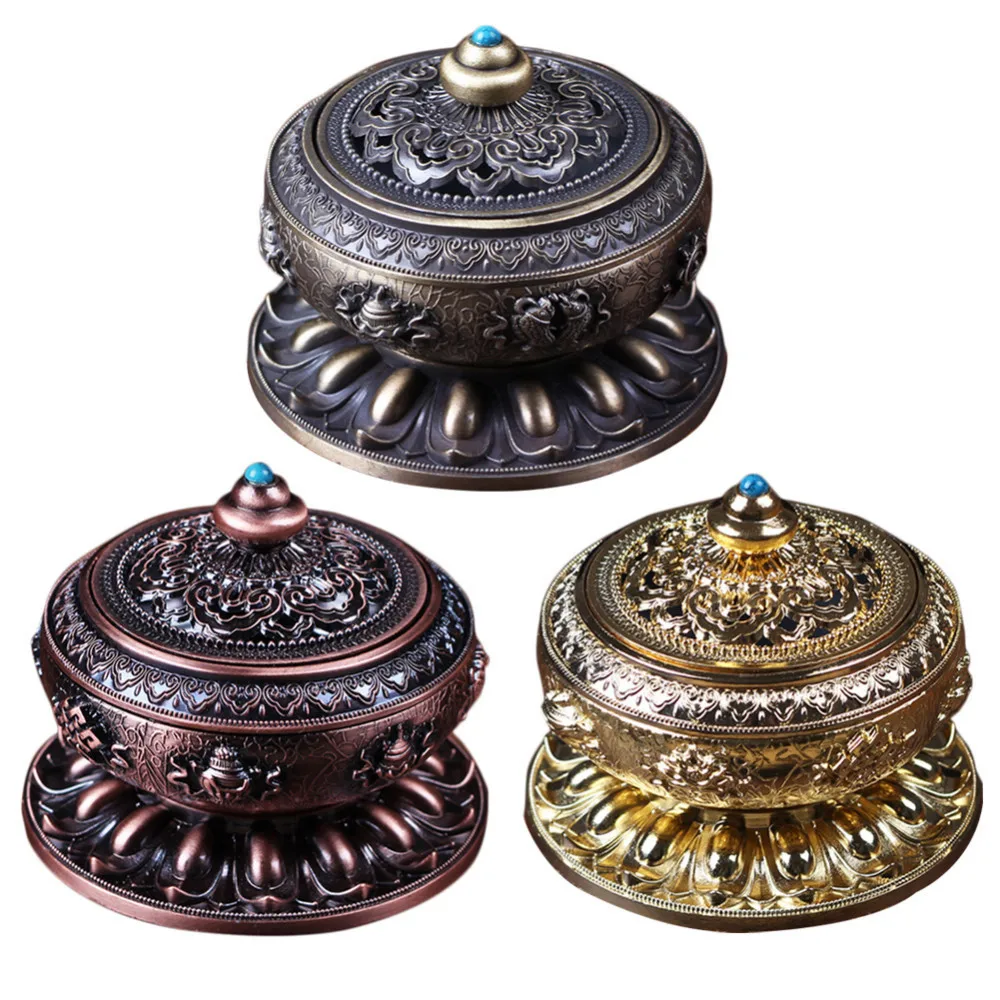 Newest Delicate Round Incense Burner Hollow Cover Censer Metal Made Incense Ashes Box 10*9.5cm 3