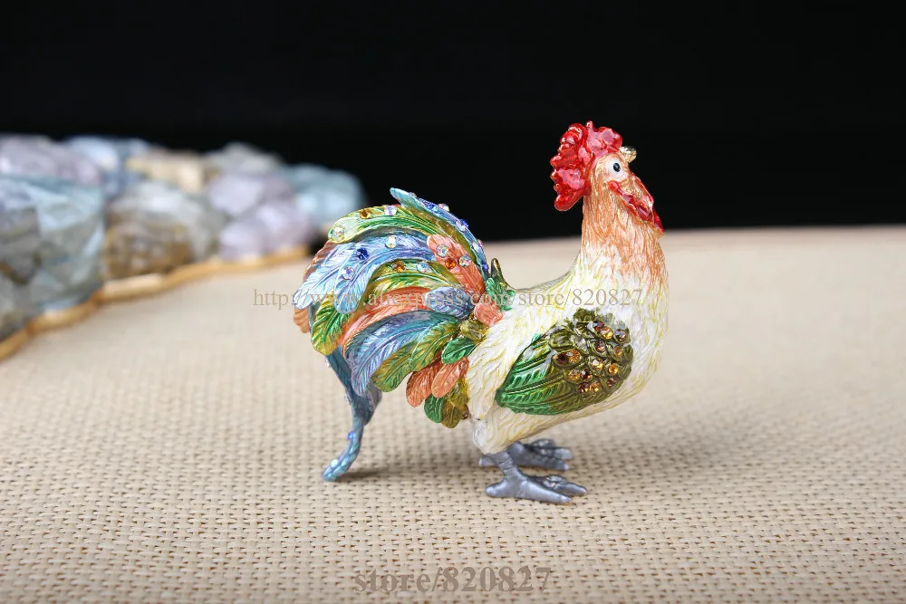 

CRYSTAL BEJEWELED ENAMELED HINGED TRINKET BOX -COLORFUL ROOSTER (CHICKEN)