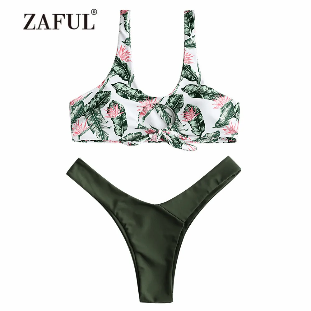 Zaful Bikini Leaf Print Knotted Thong Bikini Womens Padded Swimsuit