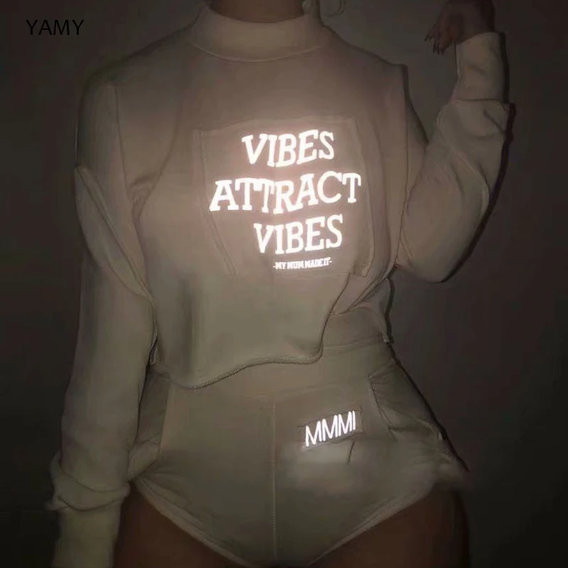 

Vibes attract vibes 3M reflective letters print Womens Hoodies Fashion Womens long sleeved Spring Pullovers vintage Sweatshirts