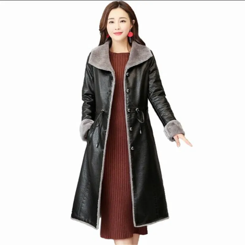 Осень Зима Новая высококачественная кожаная куртка большой размер средней длины тонкая кожаная куртка пальто женское плюс бархатное плотное пальто 298 - Цвет: black