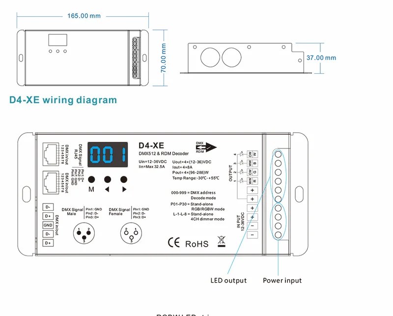 D4-XE 4CH ШИМ Постоянное Напряжение CV DMX512 RDM светодиодный декодер контроллер с цифровым дисплеем XLR3 RJ45 DC12V 24 V 36 V вход 8A * 4CH