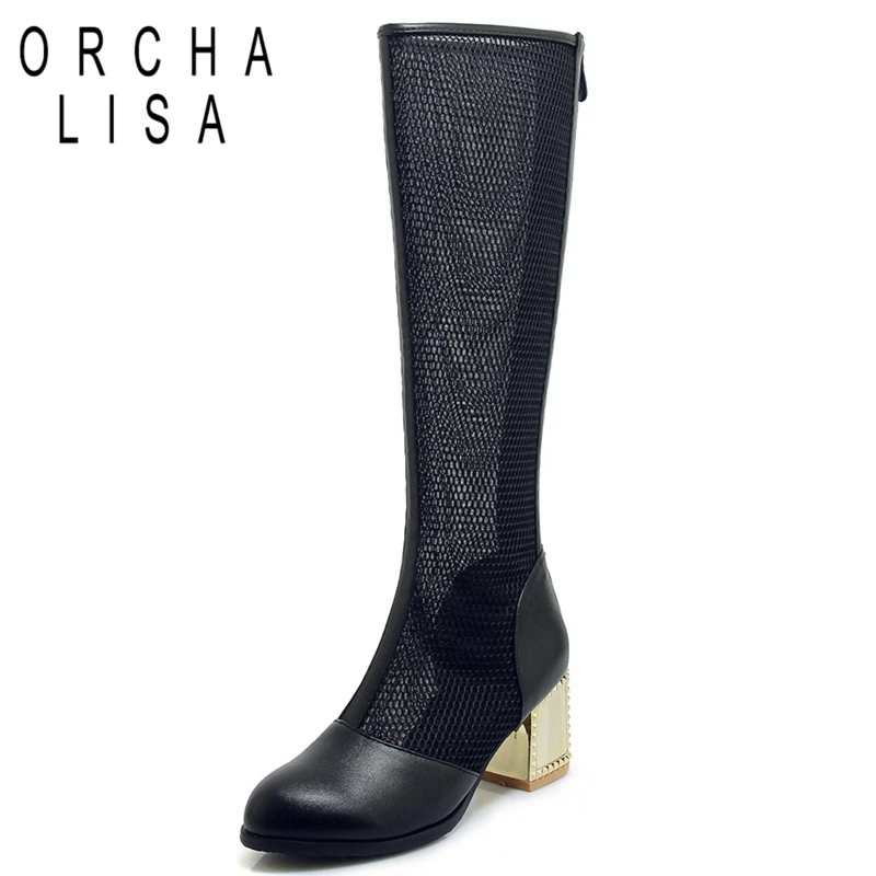 ORCHA LISA Mesh Summer boots High Heels for Women Breathable Knee Boots for women zipper hollow thick heel shoes black cool