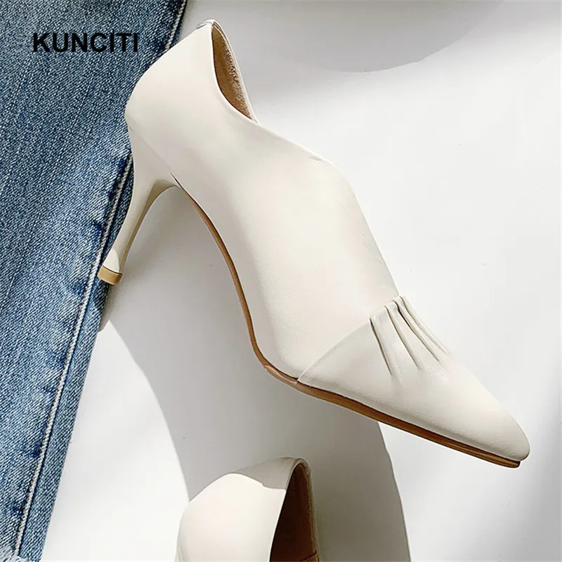 Talons Mode Femmes Véritable Cou Hauts Sexy Chaussures black Nouveau Plissée V Pompes Dames G914 Beige 2019 En Cuir Bout Designer Pointu À gCw4nq