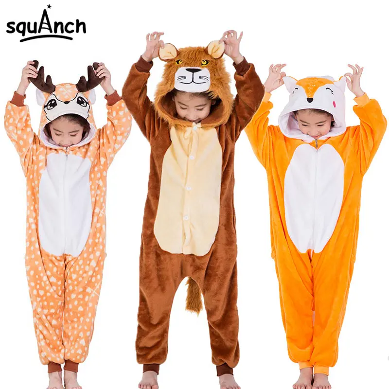 

Kids Animal Onesies Lion Deer Fox Kigurumis Flannel Warm Soft Sleep Suit Boy Girl Festival Christmas Party Funny Cartoon Pajamas