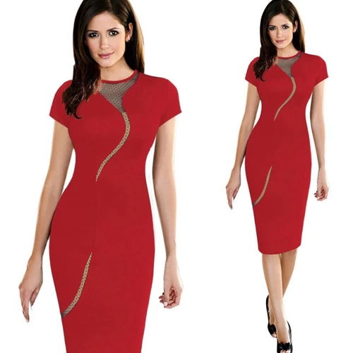 Женская винтажная одежда для работы, элегантные платья до колена, деловые вечерние облегающие офисные платья с рюшами, Дамское черное Сетчатое платье, костюм - Цвет: Красный
