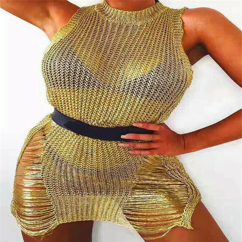 

Women's Pure Bikini Blouse Summer Beach Fishing Net Sexy Long Jacket Gold Blouse